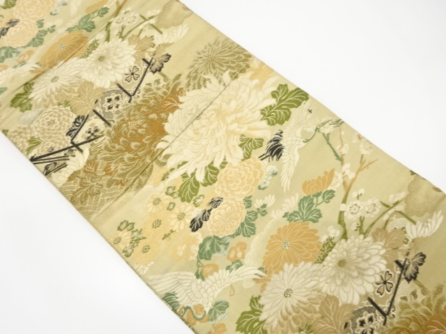 アンティーク　鶴に菊・枝梅模様織り出し丸帯（材料）